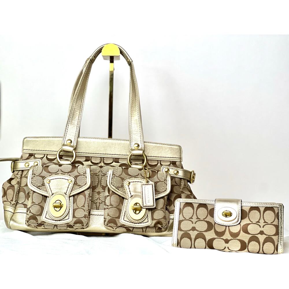 Vintage Coach Turnlock Legacy Satchel Metallic  Leather With Canvas With Wallet